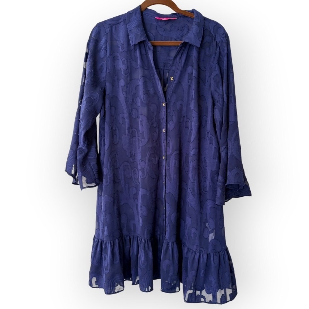 Lilly Pulitzer Navy Blue Burnout Paisley Ruffle Hem Dress, Cover Up XL
